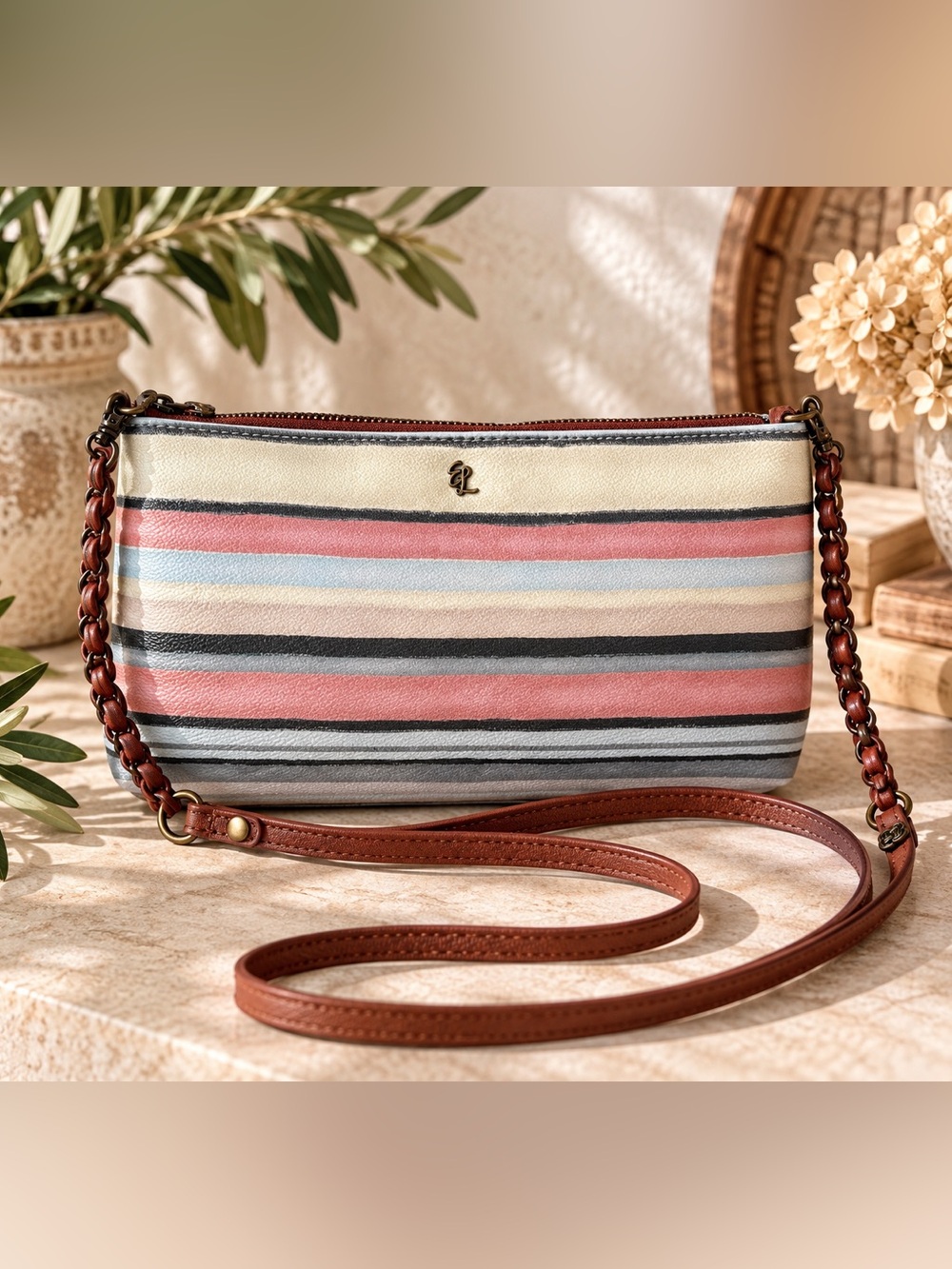 Elliott Lucca Striped Crossbody Bag Pink Blue Brown Convertible Shoulder Bag